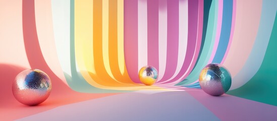 Obraz premium Colorful abstract background with vinyl and mirror balls creating a vibrant retro atmosphere for music and dance themes
