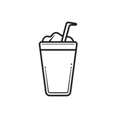 A black and white drawing of drink in a cup with ice and a straw in it.