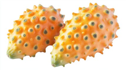 Obraz premium Two spiky orange cucumbers with green tips, isolated on a clean white background, showcasing unique textures and colors, fresh produce, exotic vegetables, culinary ingredients.