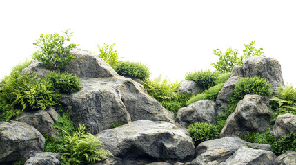 Greenery and Rocks: A Natural Landscape, Tranquil Botany, Flourishing Among Stones On Transparent Background