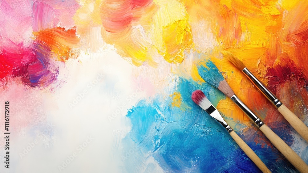 Poster creative paintbrushes on vibrant abstract paint background showcasing colors for artistic inspiratio