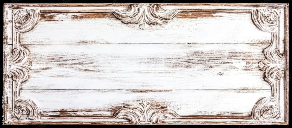 Poster vintage white wooden frame design with ornate edges and empty space for personalized text or imagery