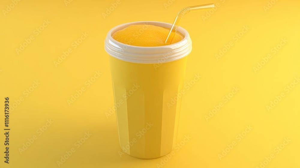 Poster refreshing orange juice in a vibrant yellow cup with a straw on a bright background perfect for beve