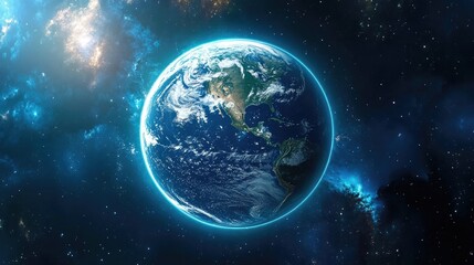 Fototapeta premium Stunning view of Earth from space with illuminated features showcasing the vibrant blue oceans and green landmasses against a cosmic backdrop.