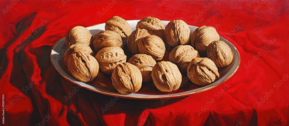 Poster Walnuts arranged on a decorative plate resting on a vibrant red tablecloth creating a striking visual contrast