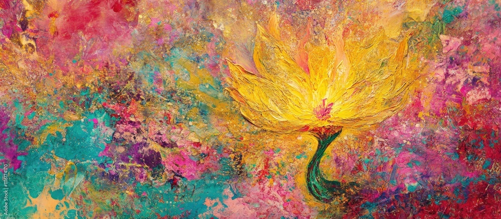 Poster vibrant abstract painting with a yellow flower surrounded by colorful splashes creating a festive an