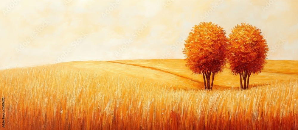 Poster autumn landscape with two orange trees in golden wheat field under soft light