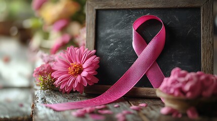 Photo realistic image of a pink ribbon and a motivational quote on a chalkboard, emphasizing inspiration and support for breast cancer awareness 