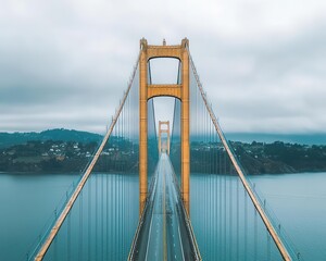 Obraz premium Sleek suspension bridge with a dual roadway design, crossing a major river estuary and allowing ships to pass below