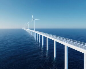 Fototapeta premium Modern seacrossing bridge with wind turbines along its length, generating renewable energy as it spans the coastline