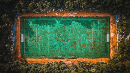 Aerial view of soccer field surrounded by trees, showcasing well used pitch with visible wear and tear. vibrant green turf contrasts with earthy tones of surrounding area