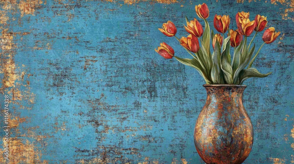 Poster vibrant tulip bouquet in a textured vase against a rustic blue backdrop showcasing a blend of color 