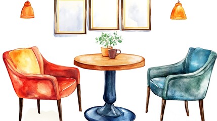 A cozy cafe interior clipart, chairs and tables, watercolor artistry, welcoming colors, isolated on white background