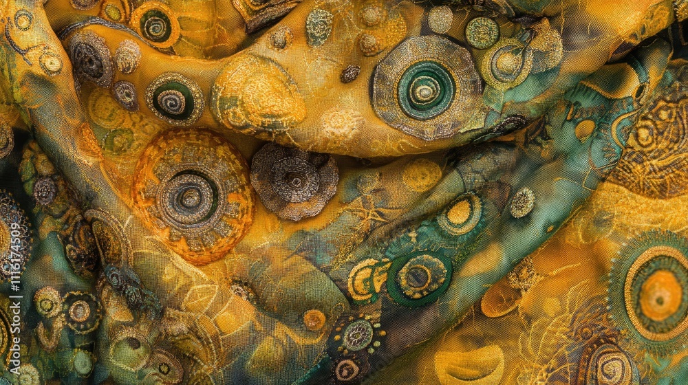 Poster Vibrant yellow green fabric with intricate spiral patterns creating a flowing texture and luminous appeal in soft delicate folds.