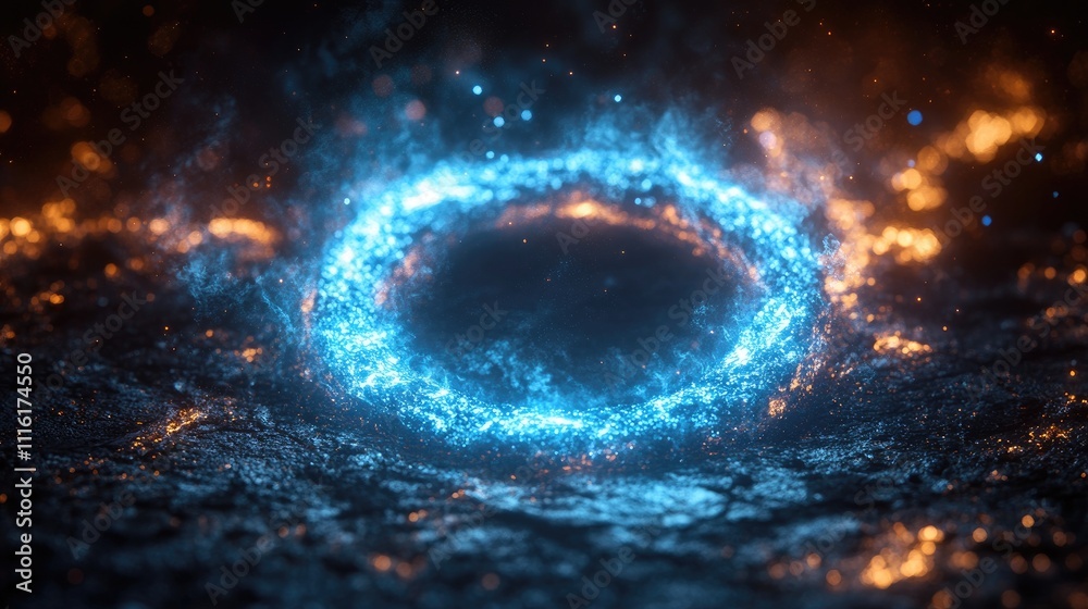 Poster vibrant glowing blue circle surrounded by fiery sparks and swirling energy creating a mystical and c