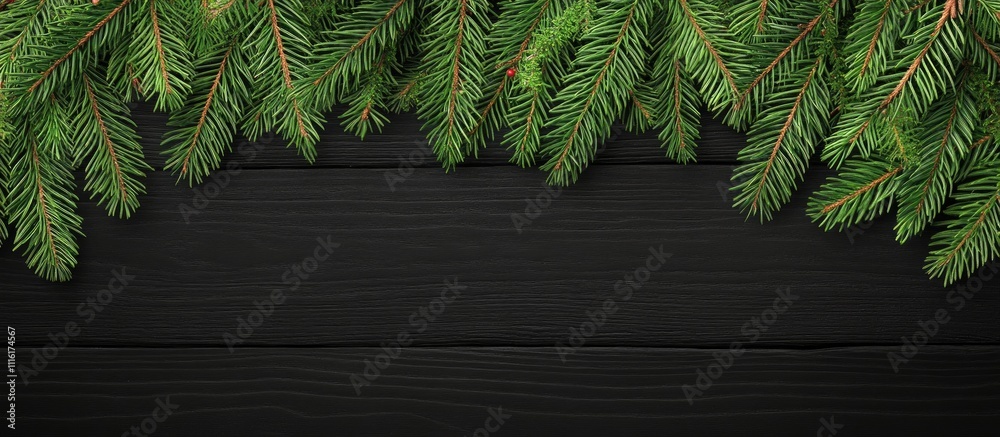 Poster christmas fir branches beautifully arranged on a rustic black wood background creating a festive and