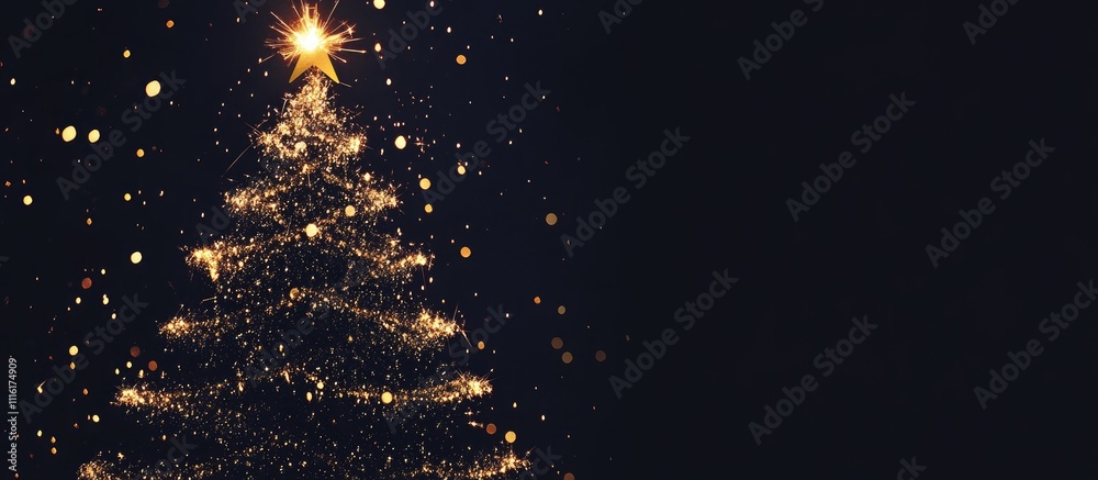 Poster sparkling christmas tree silhouette created with sparklers and golden bokeh lights on a black backgr