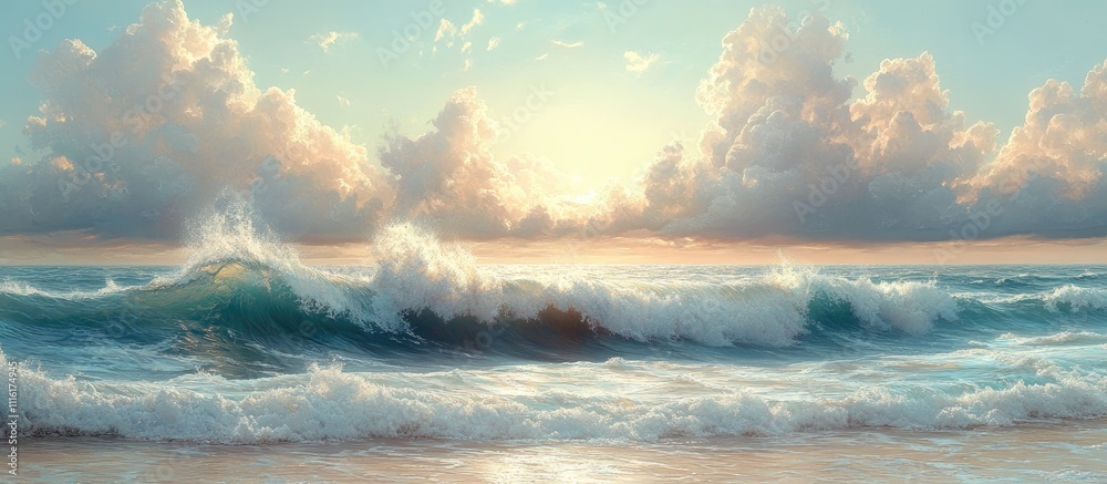 Poster serene ocean waves crashing on a tranquil beach at sunset with soft clouds and a colorful sky in the