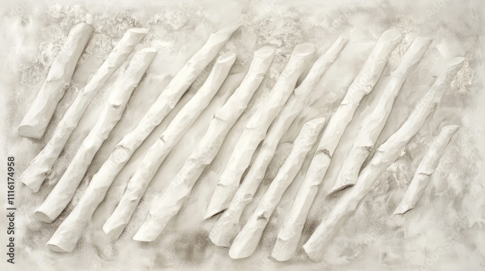 Poster Abstract background of textured birch logs arranged in a dynamic pattern with subtle earthy tones and a soft focus aesthetic.