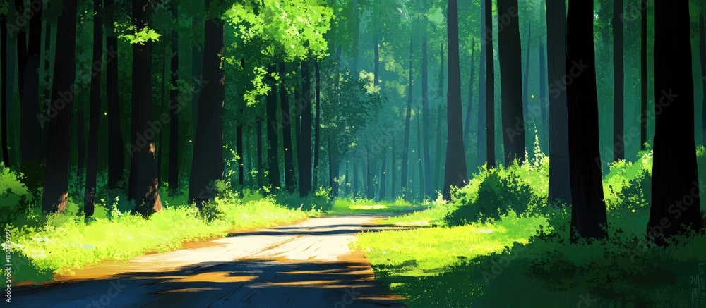 Poster Lush green forest path with towering trees and dappled sunlight creating a serene and tranquil atmosphere in nature's embrace