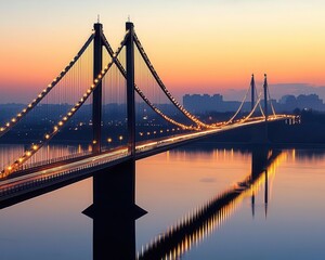 Obraz premium Suspension bridge with curved pylons and LED lighting, crossing a vast river mouth and connecting two coastal cities