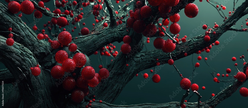 Poster Red ornamented tree branches creating a festive atmosphere with a dark background for a celebration themed design or artwork.
