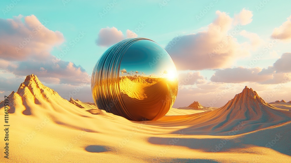 Aufkleber futuristic landscape with reflective sphere in desert showcasing innovative design concepts and text