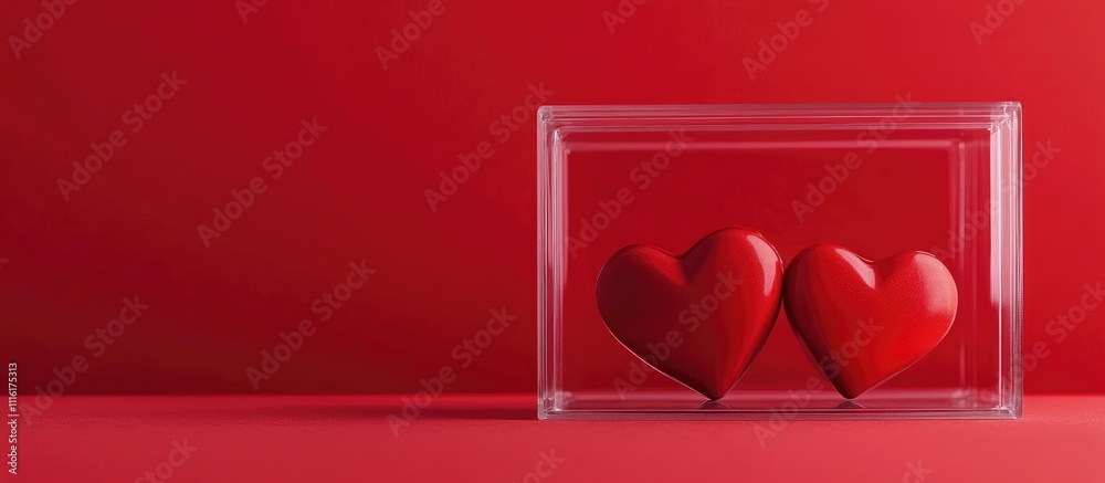 Poster candy hearts in a transparent box on a vibrant red background symbolizing love and affection for val