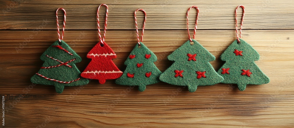 Aufkleber rustic handmade felt christmas tree ornaments displayed on a wooden table for a cozy festive atmosph