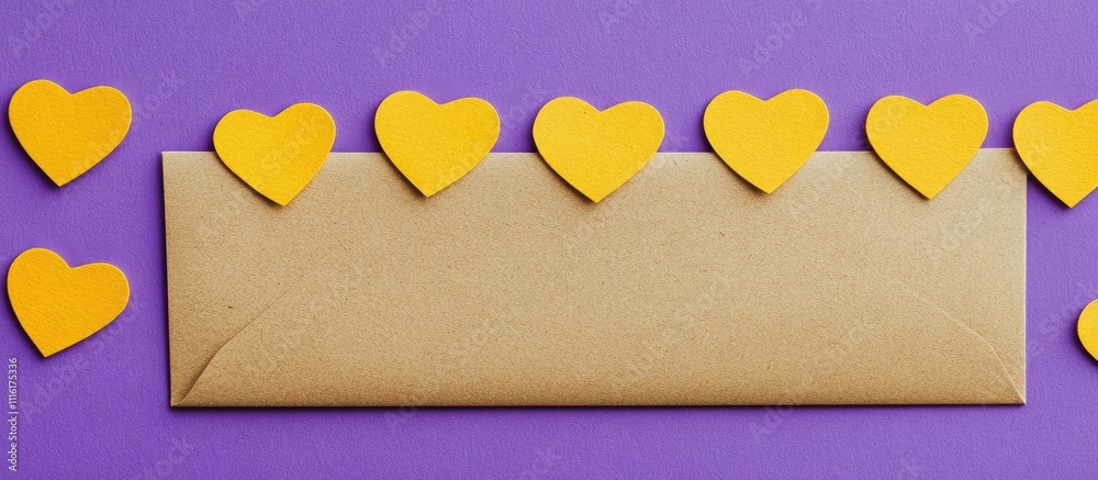 Aufkleber craft envelope with yellow hearts on lilac backdrop ideal for holiday greetings and invitations in a