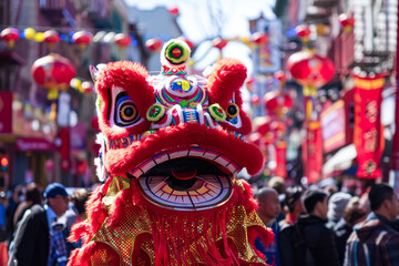 Obraz premium Man in a red dragon costume stands in front of a crowd of people