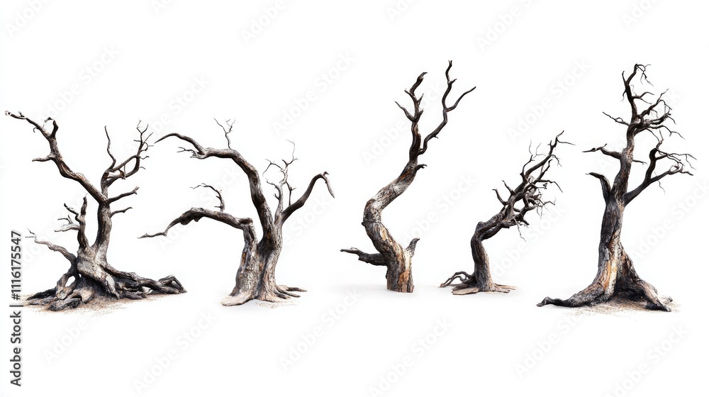Poster collection of isolated dry dead trees with intricate branches on a white background for nature-theme