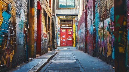 Naklejka premium Graffiti Alleyway with Red Door