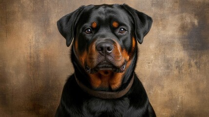 Obraz premium Majestic purebred Rottweiler portrait showcasing strong features against a textured neutral background