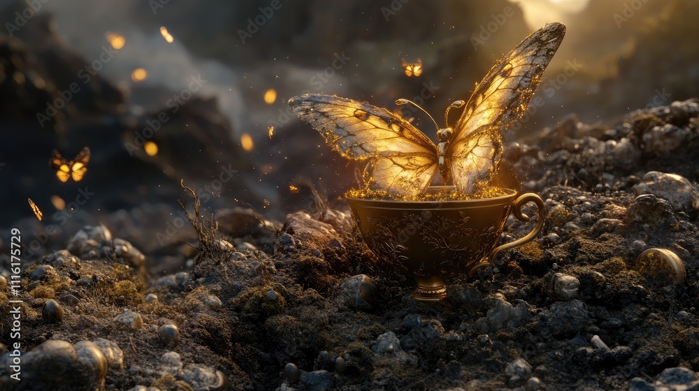 Poster a golden butterfly emerging from a coffee cup in a mystical landscape at dawn with sparkling element