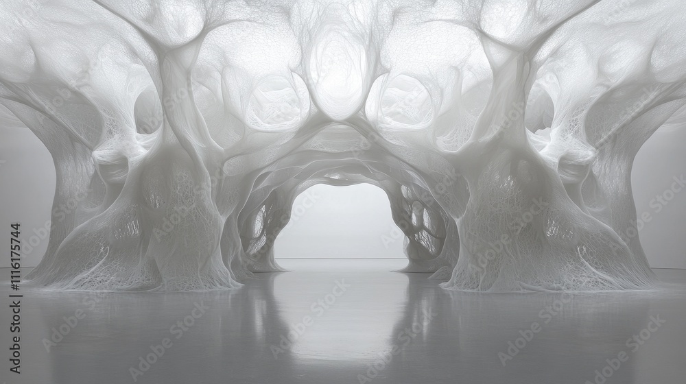 Poster abstract ceiling structure featuring organic, flowing forms against a pristine white background, cre