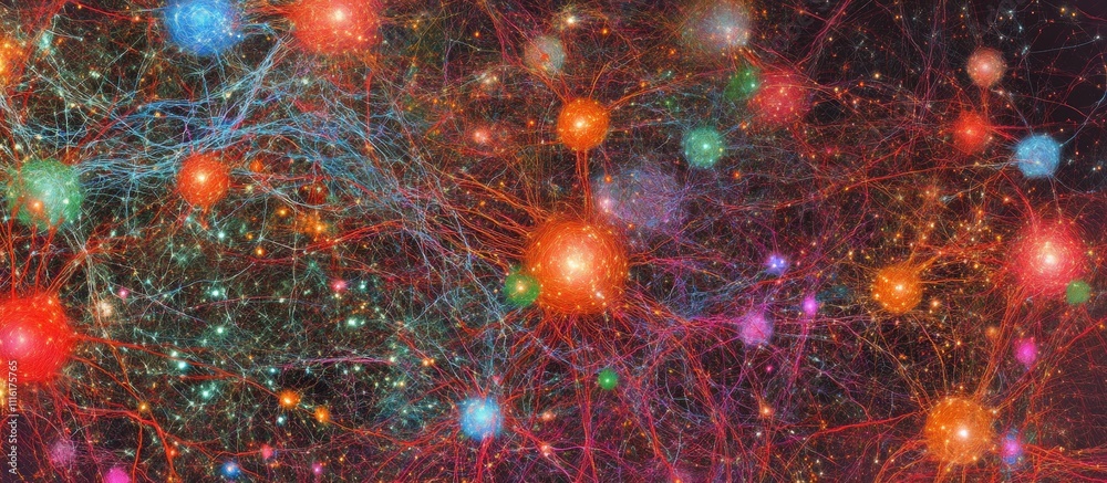 Poster Abstract representation of interconnected luminous nodes resembling fireworks in a dark space, showcasing vibrant colors and intricate patterns.