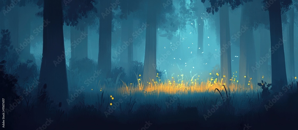 Poster enigmatic forest scene with ethereal light illuminating vibrant grass in tranquil woodland setting