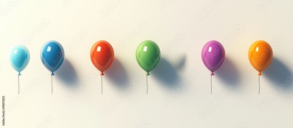 Poster Colorful balloons in a row against a clean white background creating a festive and joyful atmosphere for celebrations and events