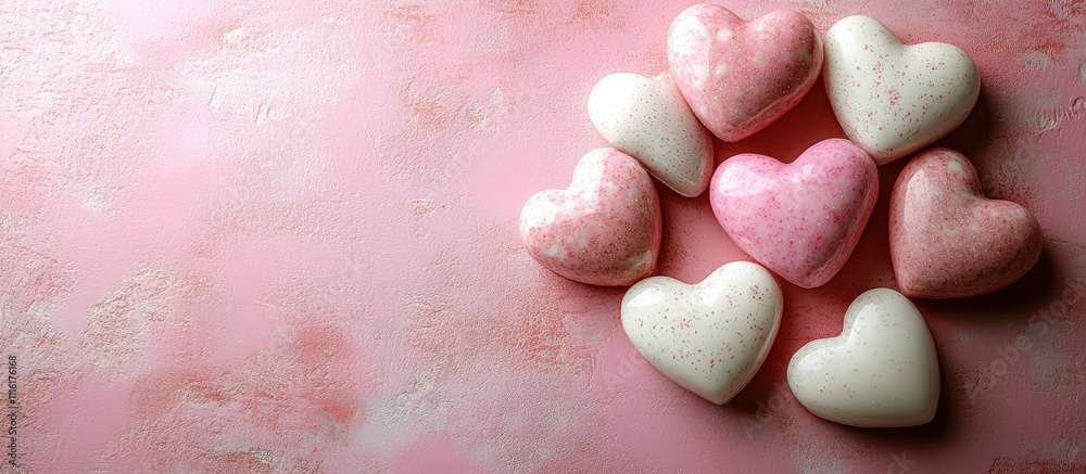 Aufkleber pink and white hearts arranged on a pink backdrop with a text space for greeting card design flat la