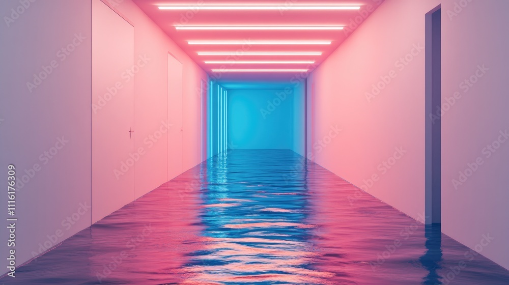 Poster Neon Lit Corridor with Reflections on Wet Floor Creating an Atmospheric and Surreal Environment