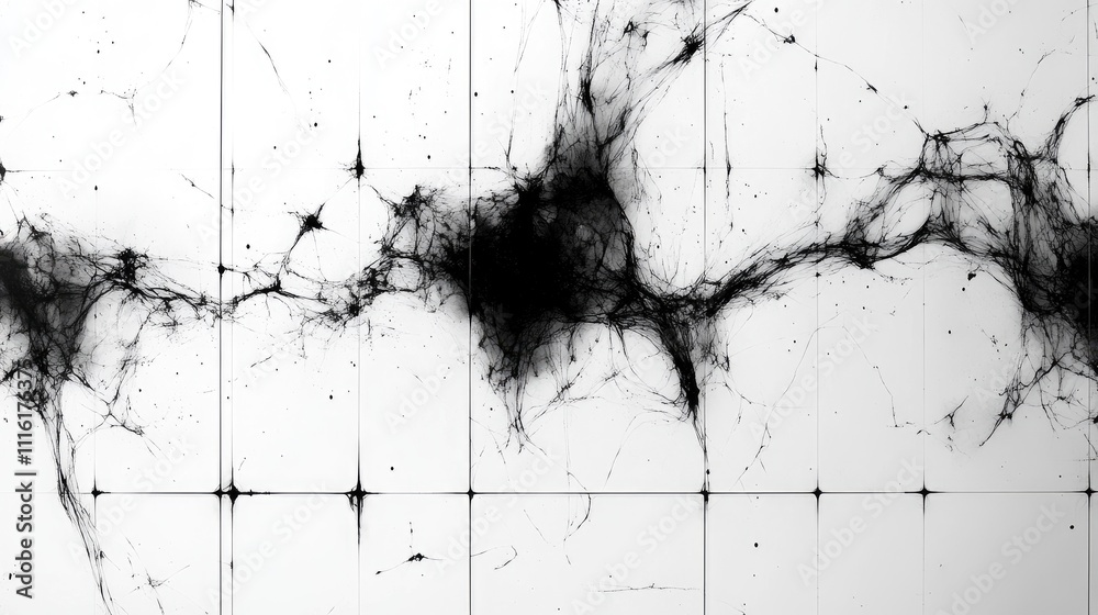 Fototapete Abstract black ink lines creating a chaotic pattern on a white background showcasing texture and structure in a minimalist design.