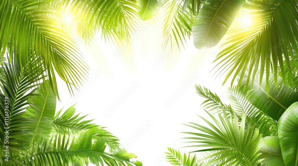 Poster lush green palm leaves creating a vibrant tropical background with soft light illuminating the cente