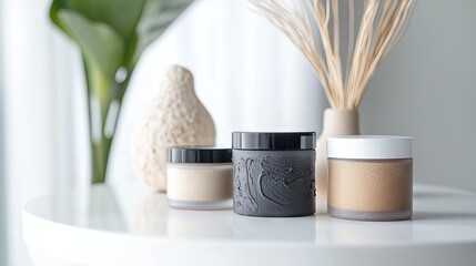 Spa detox organic products arranged on a white table, highlighting a procedural peeling scrub within the spa treatments concept, with ample copy space for creative use.