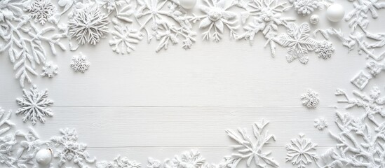 Winter flat lay of white wooden table adorned with snowflakes and decorations featuring minimalist design and ample space for text placement