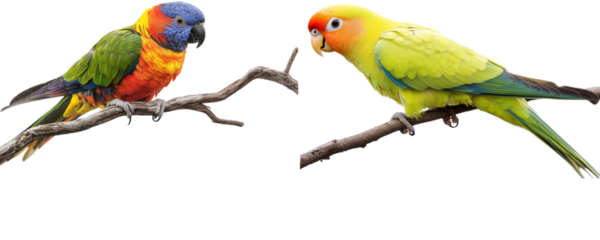 2 cute parrots element sitting on branch; adorable curious birds isolated over transparent (white) background