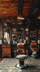 Vintage barber shop interior with classic chairs and wooden decor.