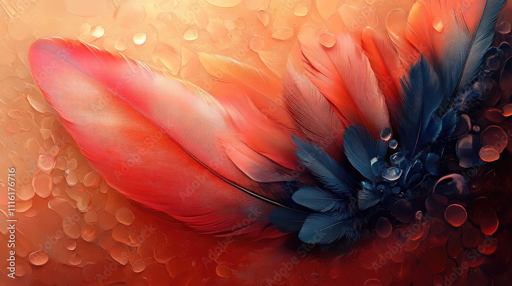 Poster Colorful abstract composition with rooster feathers and water droplets creating a fluid and artistic background texture
