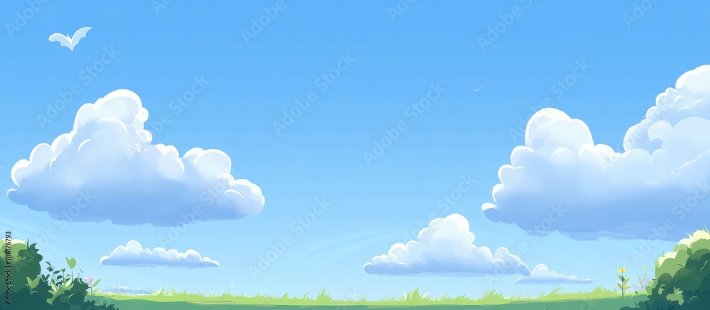 Poster bright blue sky with soft white clouds and green grass at the bottom creating a serene natural lands