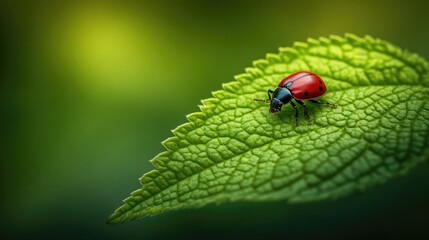 Beautiful red beetle on a vibrant green leaf, creating a stunning natural scene. The red beetle adds a pop of color to this tranquil background, perfect for nature photography with ample copy space.